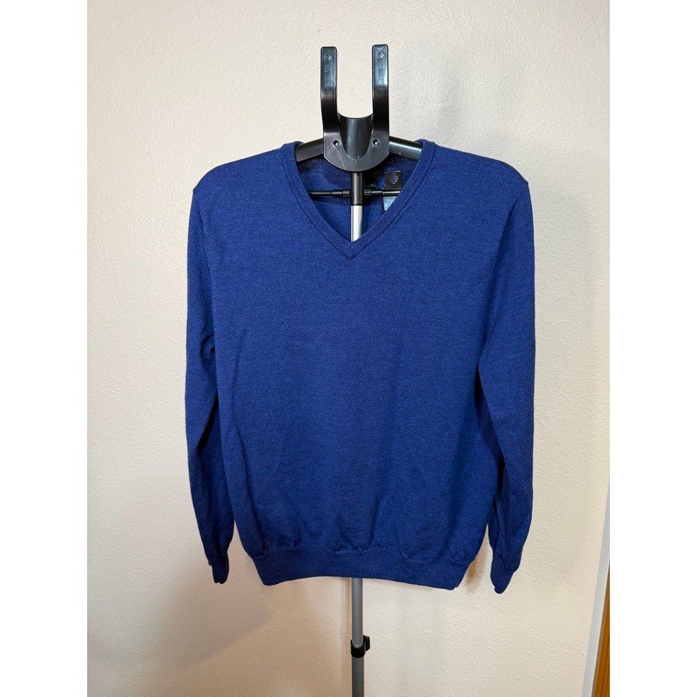 J.Crew Mens V-Neck Sweater Blue 100% Merino Wool Size L Lightweight Knit